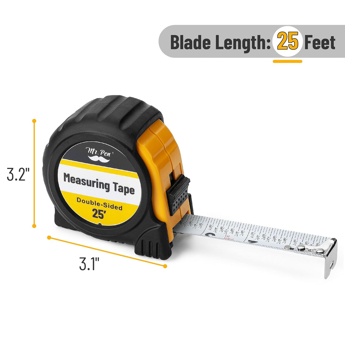Mr. Pen- Tape Measure, 25-Foot, Yellow, Double Sided Steel Measuring Tape Measure with Fractions