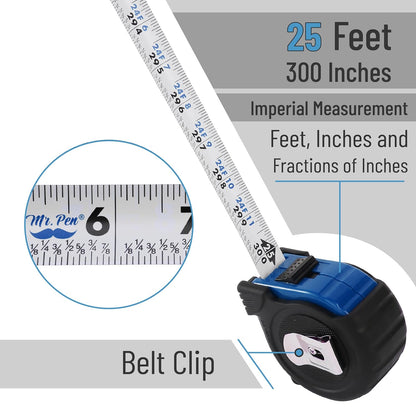 Mr. Pen- Retractable Tape Measure 25 ft, 2 Pack, Dark Blue, Steel Retractable Measuring Tape with Fractions