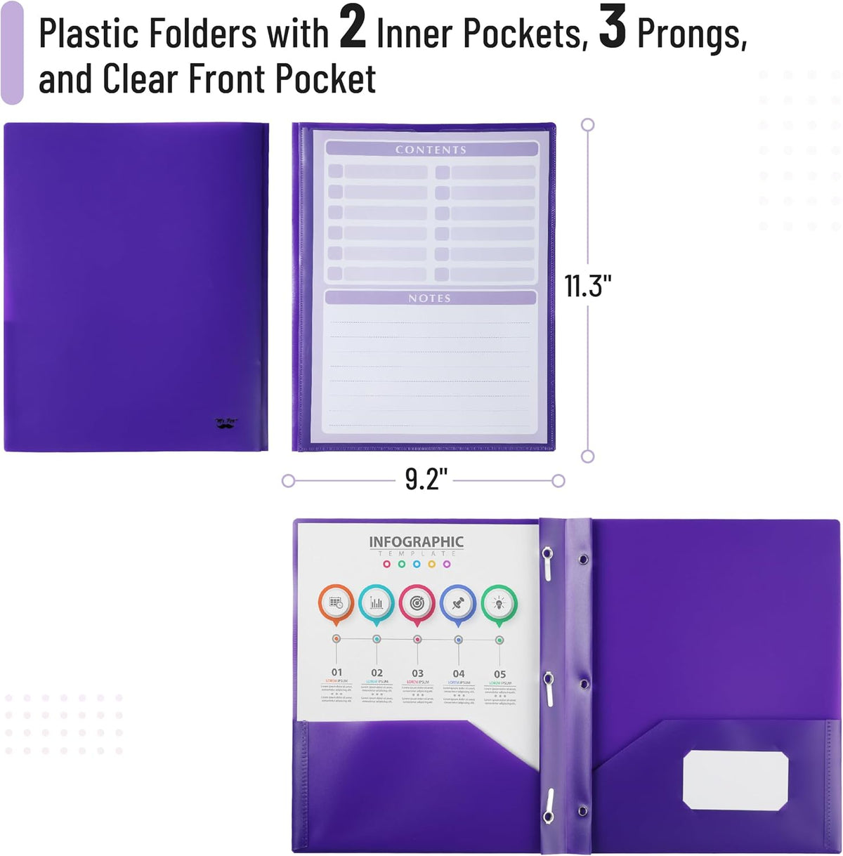 Mr. Pen- Plastic Folders with Pockets and Prongs, 24 Pack, Letter Size, Purple, Flexible Plastic Folders with Prongs