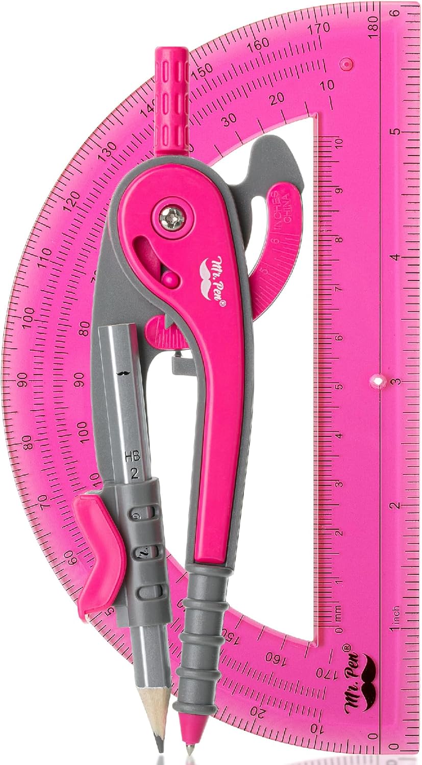 Mr. Pen- Compass and Protractor Set, Vivid Cerise, Compass Geometry Tool, Protractor and Compass Set, Compass Drawing Tool