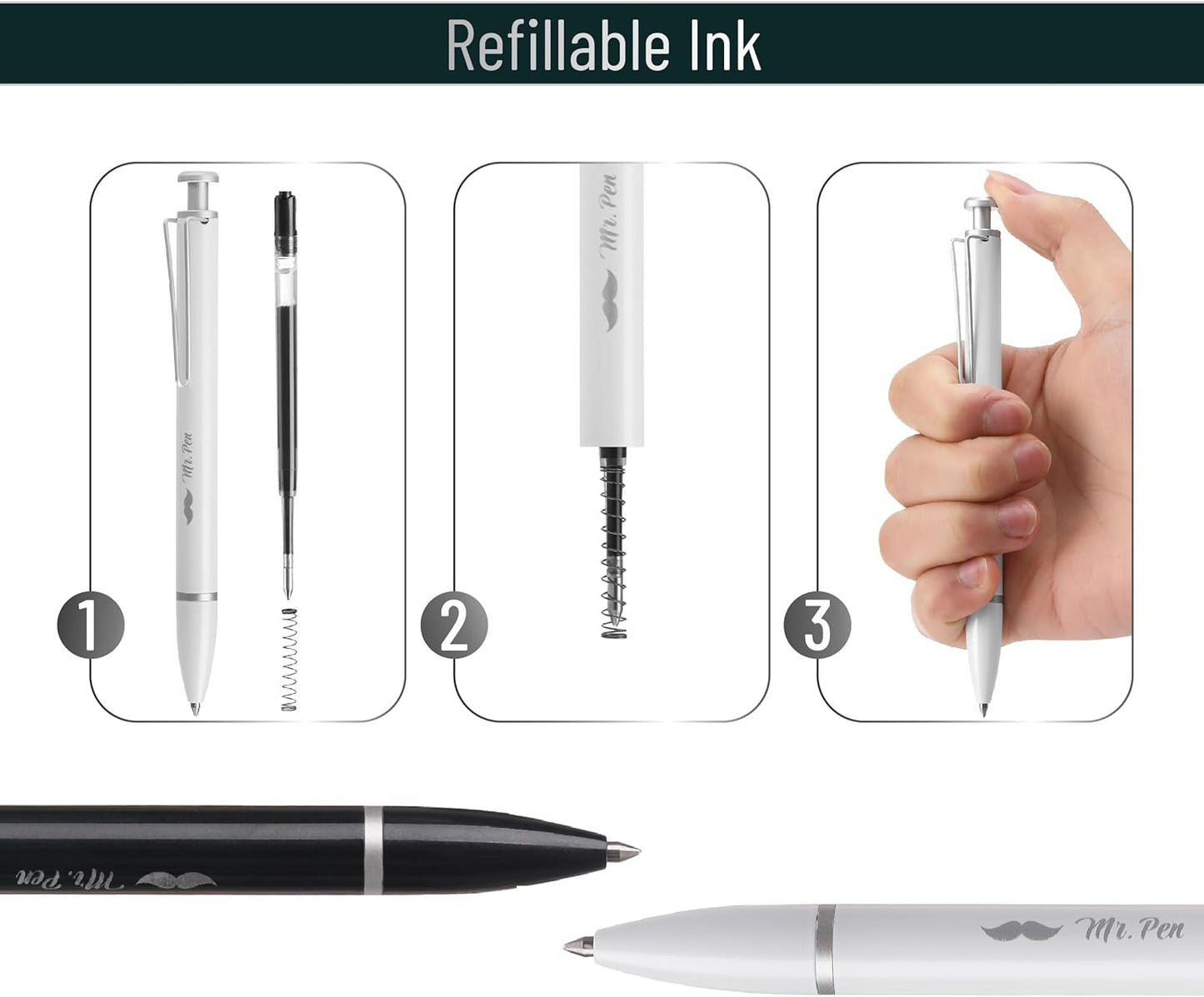 Mr. Pen- Metal Retractable Gel Pen, 2 Pack, 2 Refills, Black & White, Black Ink, Metal Barrel Gel Pens Fine Point 0.7mm, Retractable Pens