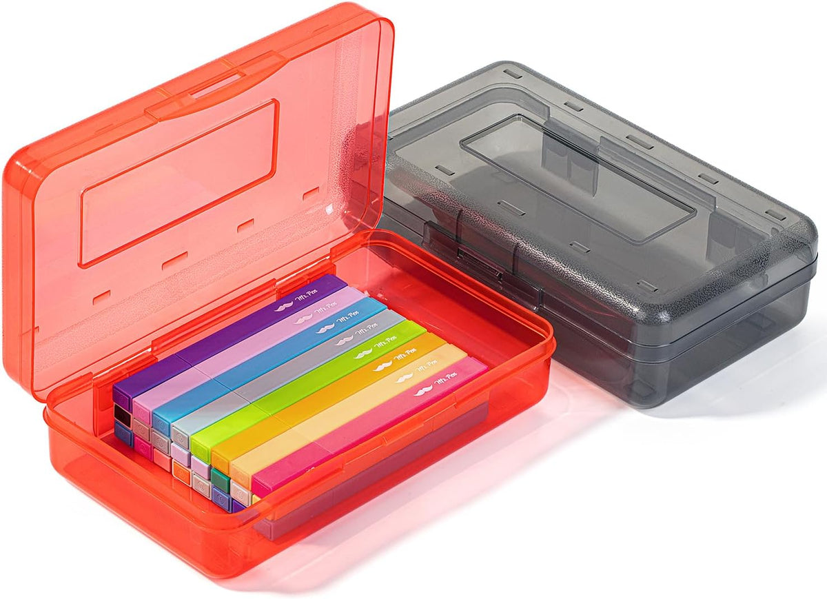Mr. Pen- Clear Pencil Boxes, 2 Pack, Dark Grey and Red, Snap-Tight Lid, Plastic Pencil Box Organizer