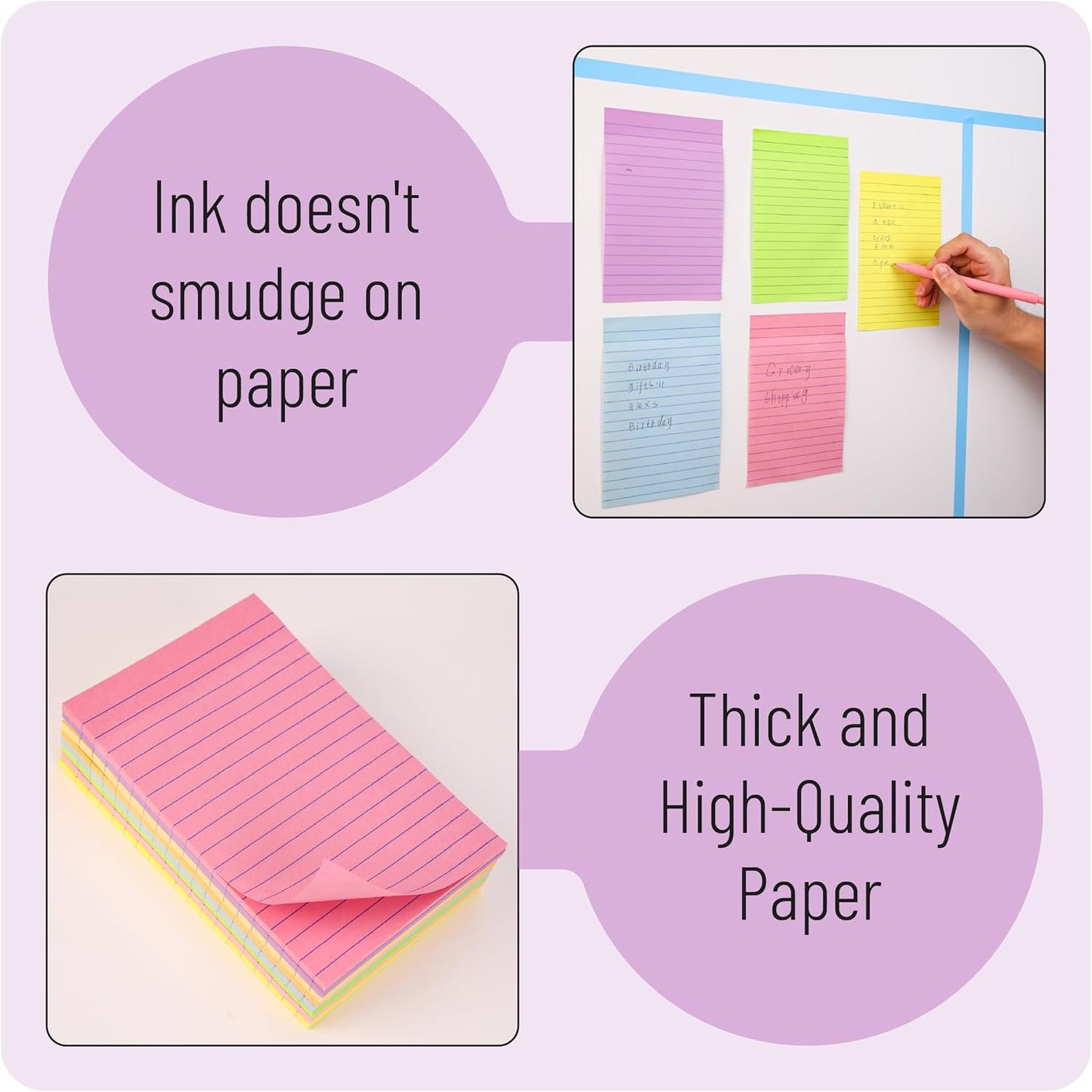 Lined Sticky Notes Set 4x6 and 3x3, 16 Pads, 720 Sheets, Pastel