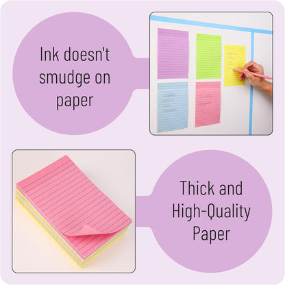 Lined Sticky Notes Set 4x6 and 3x3, 16 Pads, 720 Sheets, Pastel