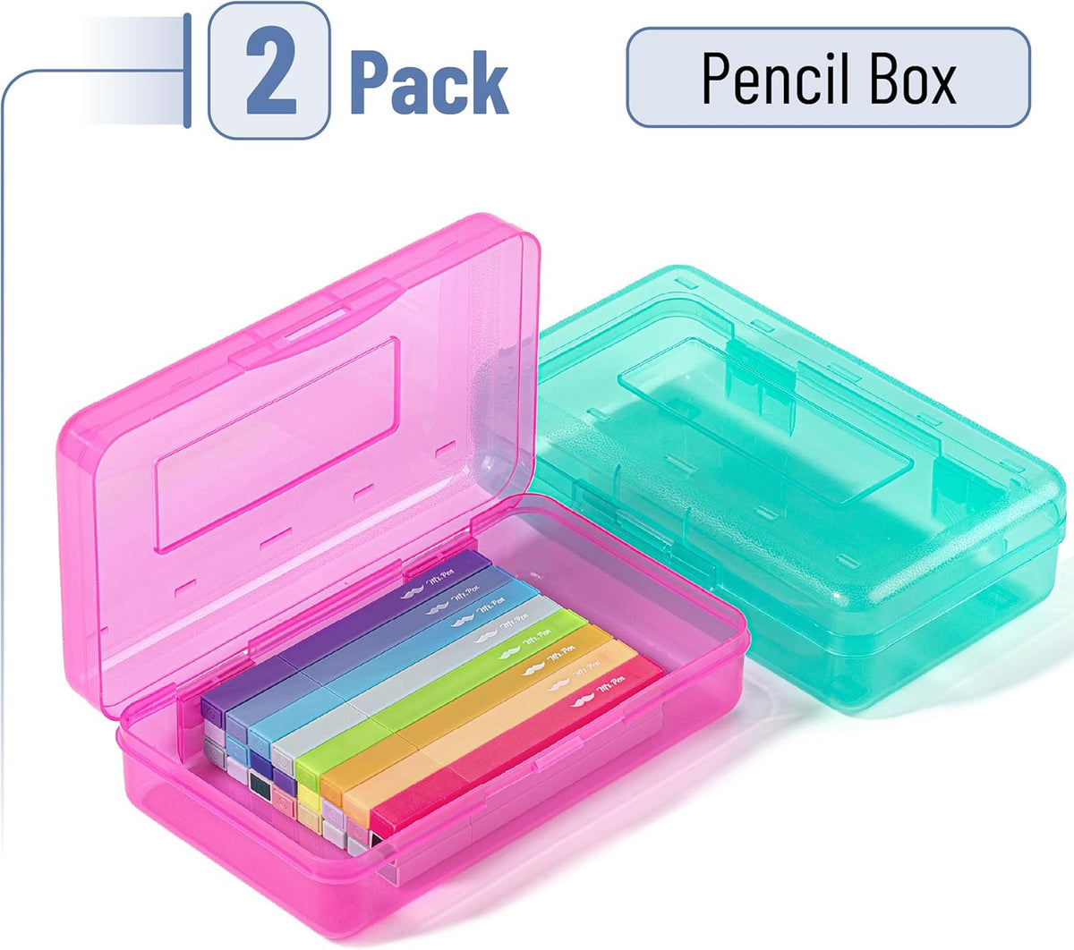 Mr. Pen- Clear Pencil Boxes, 7.9"x4.5"x2.4", 2 Pack, Pink and Turquoise, Snap-Tight Lid, Plastic Pencil Box Organizer