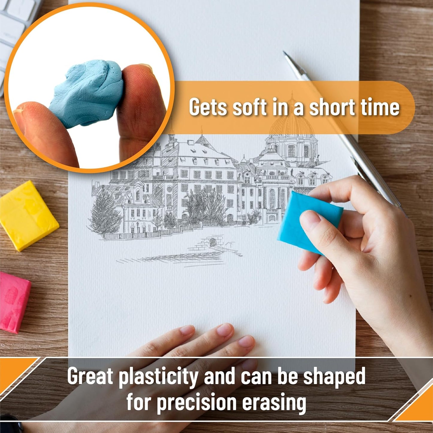 Colorful Kneaded Erasers, 8 Pack, 1.4" x 1.37", For Artists