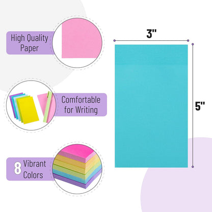 Colorful Large Sticky Notes, 3x5 Inch, 8 Pads, 640 Sheets