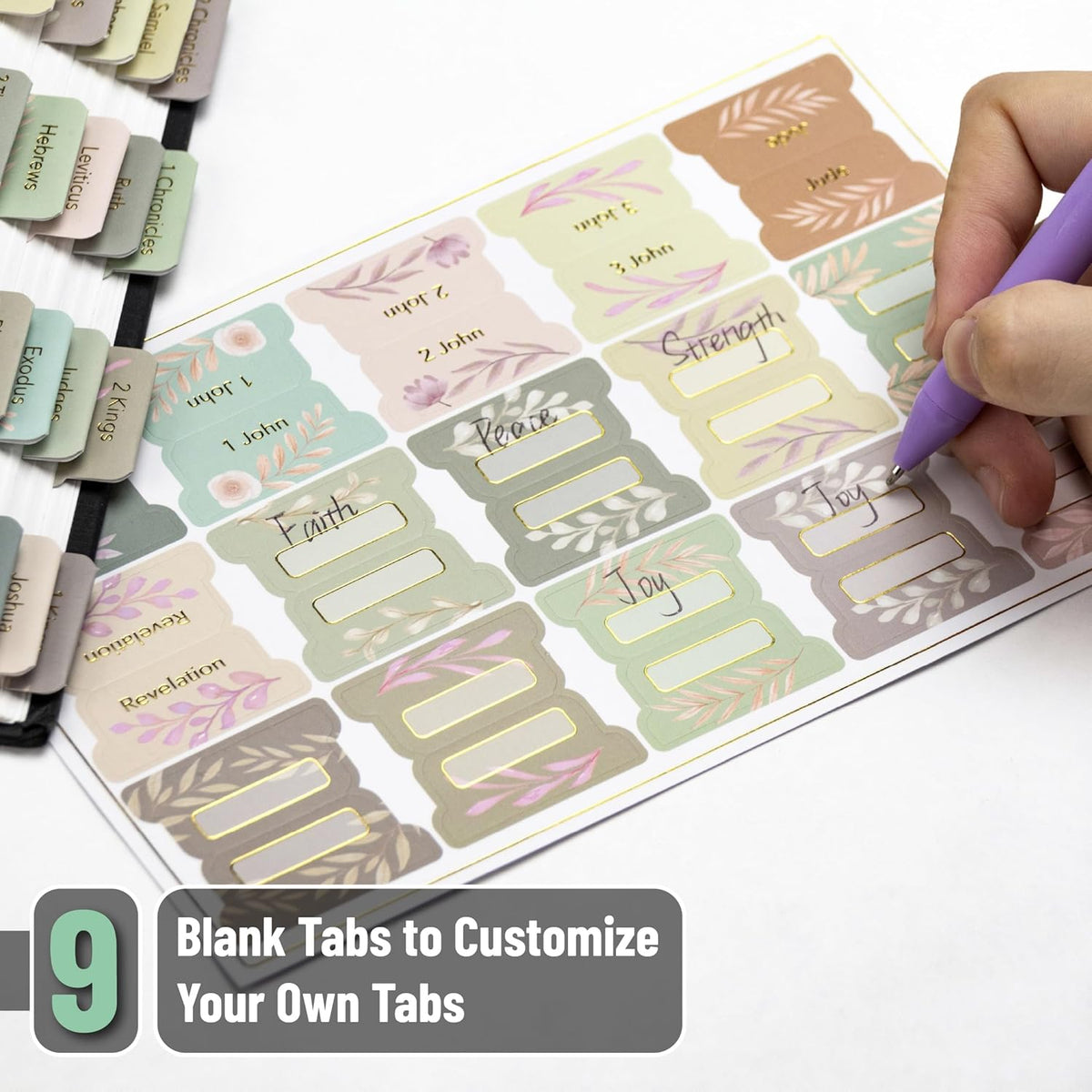 Mr. Pen- Bible Tabs, 75 pcs, Boho Floral, Gold Foil Lettering, Laminated Bible Tabs for Women and Men