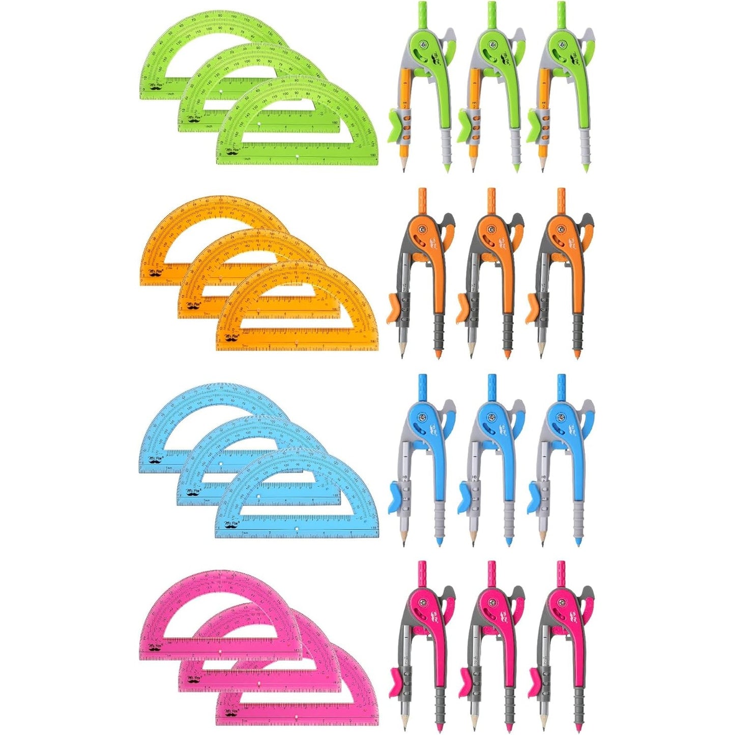 Bulk Compass and Protractor Set, 12 Sets, Colorful, Classroom