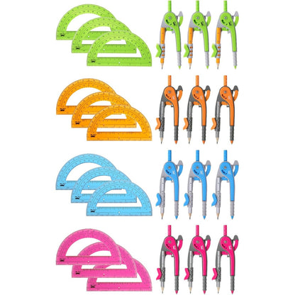 Bulk Compass and Protractor Set, 12 Sets, Colorful, Classroom