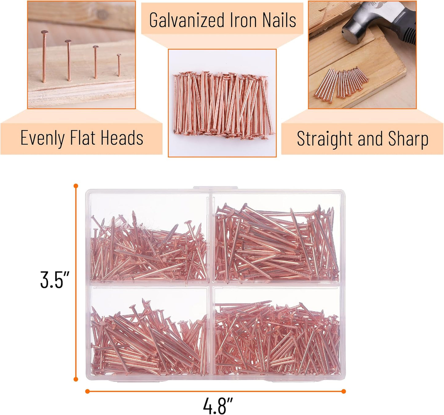 Nail Assortment Kit, 600 Pcs, 4 Sizes, Rose Gold, Small Nails for Hanging Pictures, Finishing Nails, Wall Nails for Hanging, Pin Nails, Hardware Nails, Assorted Nails, Galvanized Nails