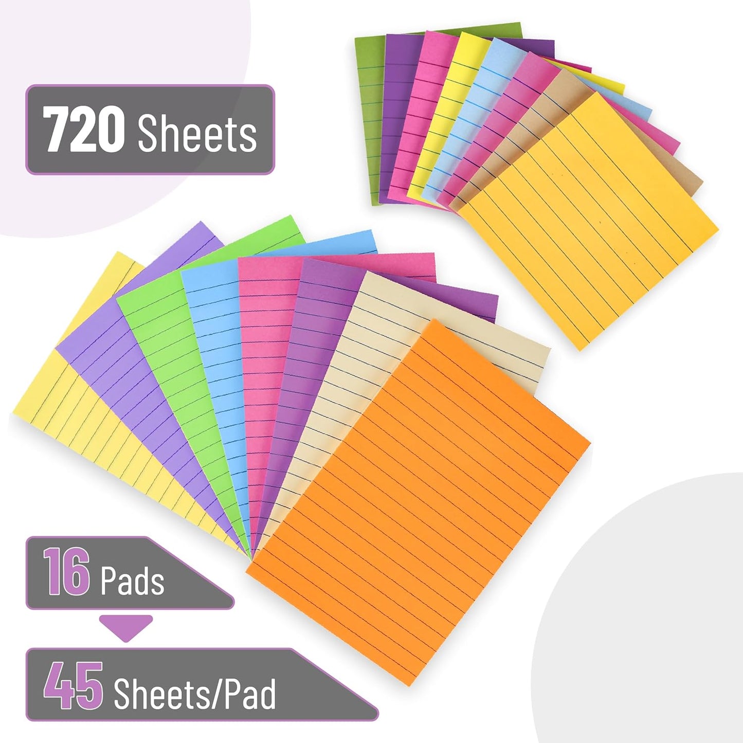 Lined Sticky Notes Set 4x6 and 3x3, 16 Pads, 720 Sheets, Pastel
