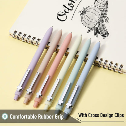 Mr. Pen- Retractable Gel Pens for Journaling, 6 Pack, 0.5 mm Black Ink, Soft Pastel Barrel with Silver Cross Clip