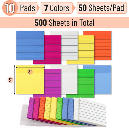 Lined Transparent Sticky Notes 3x3, 10 Pads, 500 Sheets