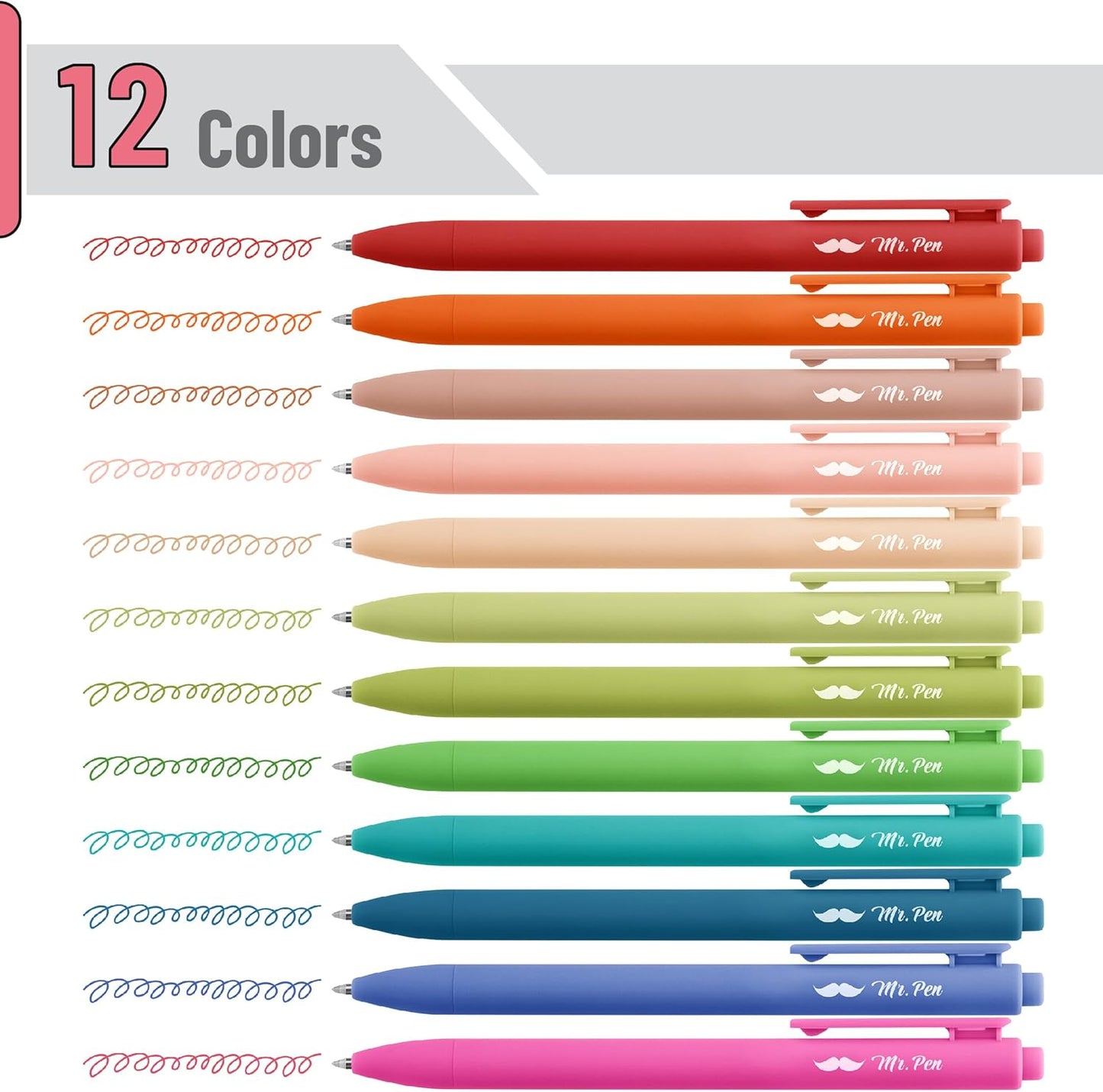 Cute Retractable Gel Pens, 12 Pack, Colored Ink, Fine Point 0.7mm