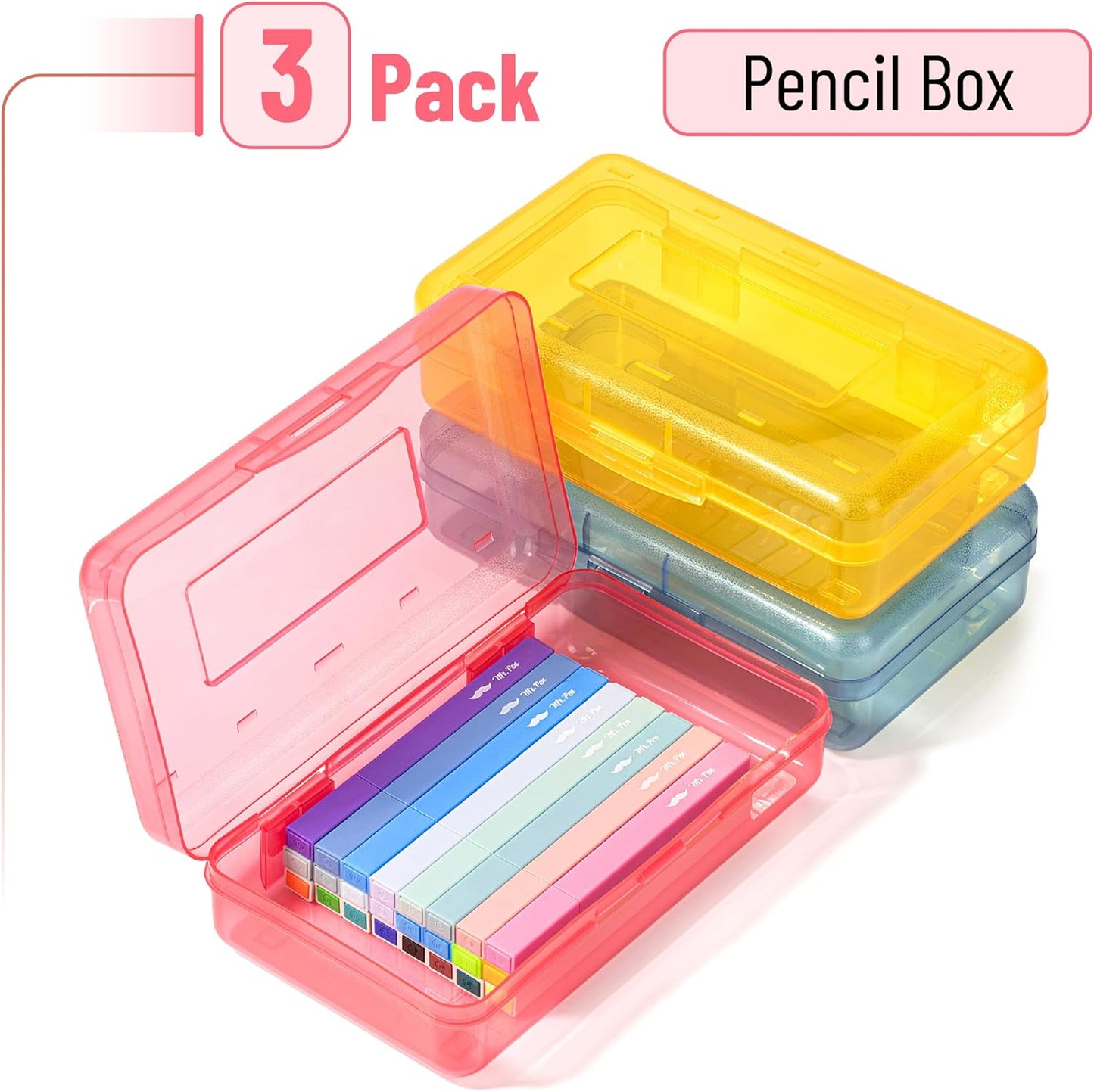 Mr. Pen- Pencil Box, 3 Pack, Assorted Colors, Plastic Pencil Box Case