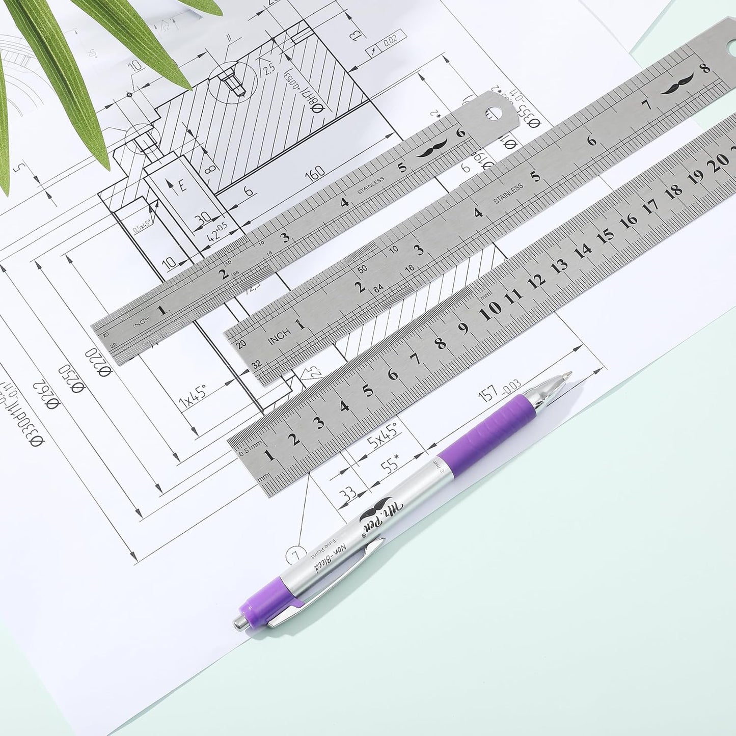 Stainless Steel Rulers Set, 3 Pack, 6” 8” 12”, Thin Metal