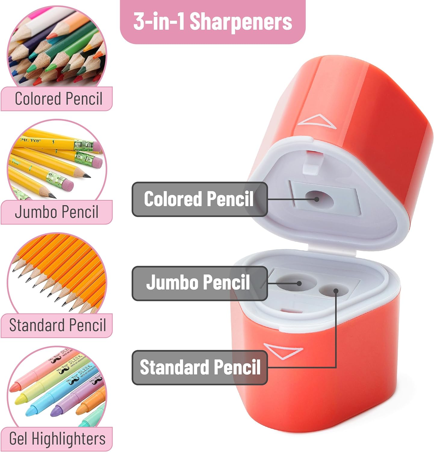 Pencil Sharpener for Colored Pencils, 3 Pack, 3 Hole, Pencil Sharpeners Manual, Handheld Pencil Sharpener, Pencil Sharpeners Handheld, Crayon Sharpener, Colored Pencil Sharpener