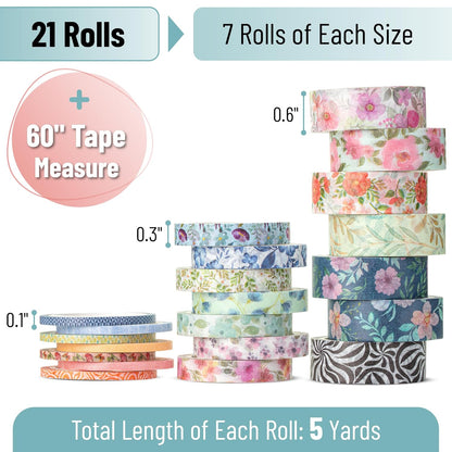 Mr. Pen- Washi Tape Set, 21 Rolls, Assorted Size, Floral Vintage, Washi Tape for Journaling