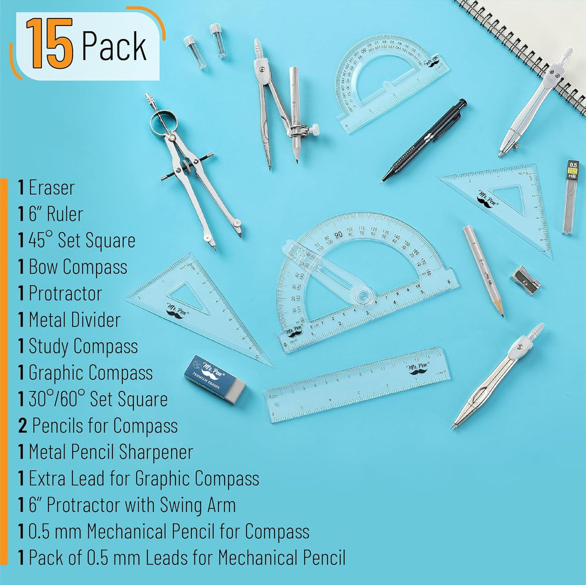 Mr. Pen- Geometry Set, 15 pcs, Light Grey, 6 Inch Swing Arm Protractor, Divider, Set Squares