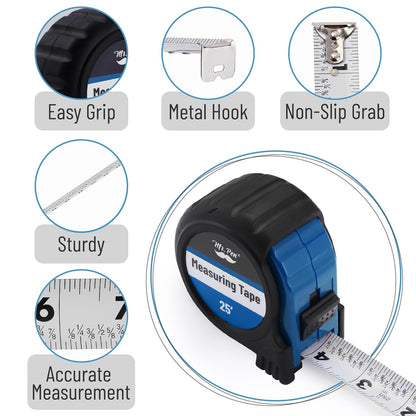 Mr. Pen- Retractable Tape Measure 25 ft, 2 Pack, Dark Blue, Steel Retractable Measuring Tape with Fractions