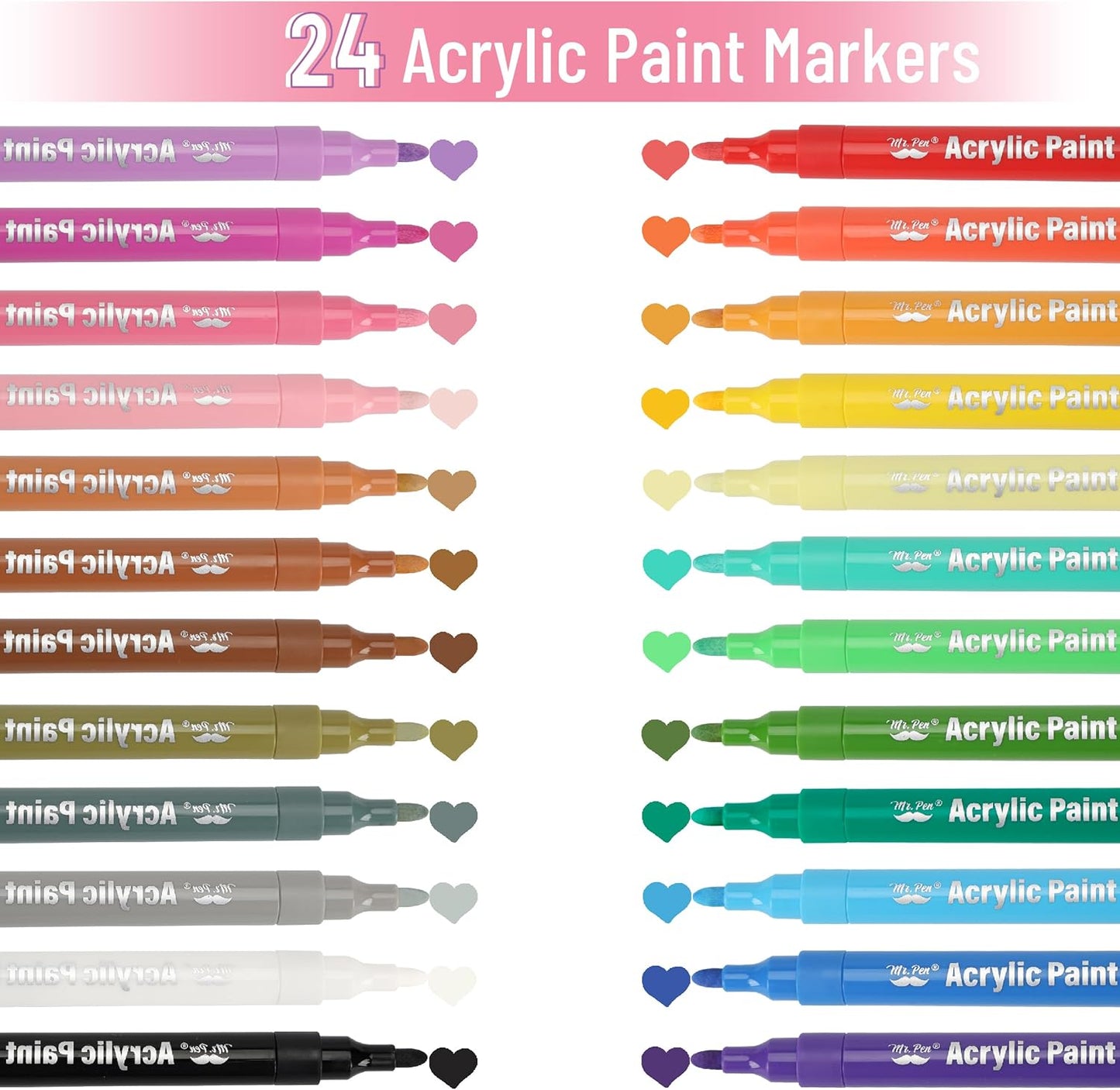Acrylic Paint Markers 24 Pack, Brush Tip, Water-Based, Colorful