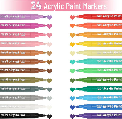 Acrylic Paint Markers 24 Pack, Brush Tip, Water-Based, Colorful