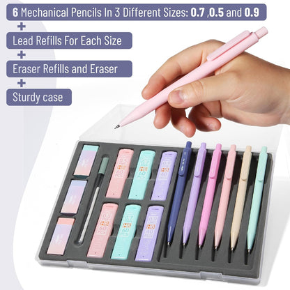 Mr. Pen- Pastel Mechanical Pencil Set with Lead Refills & Erasers, 6 Pack, 3 Sizes, 0.5 0.7 & 0.9mm, Aesthetic Mechanical Pencils Set