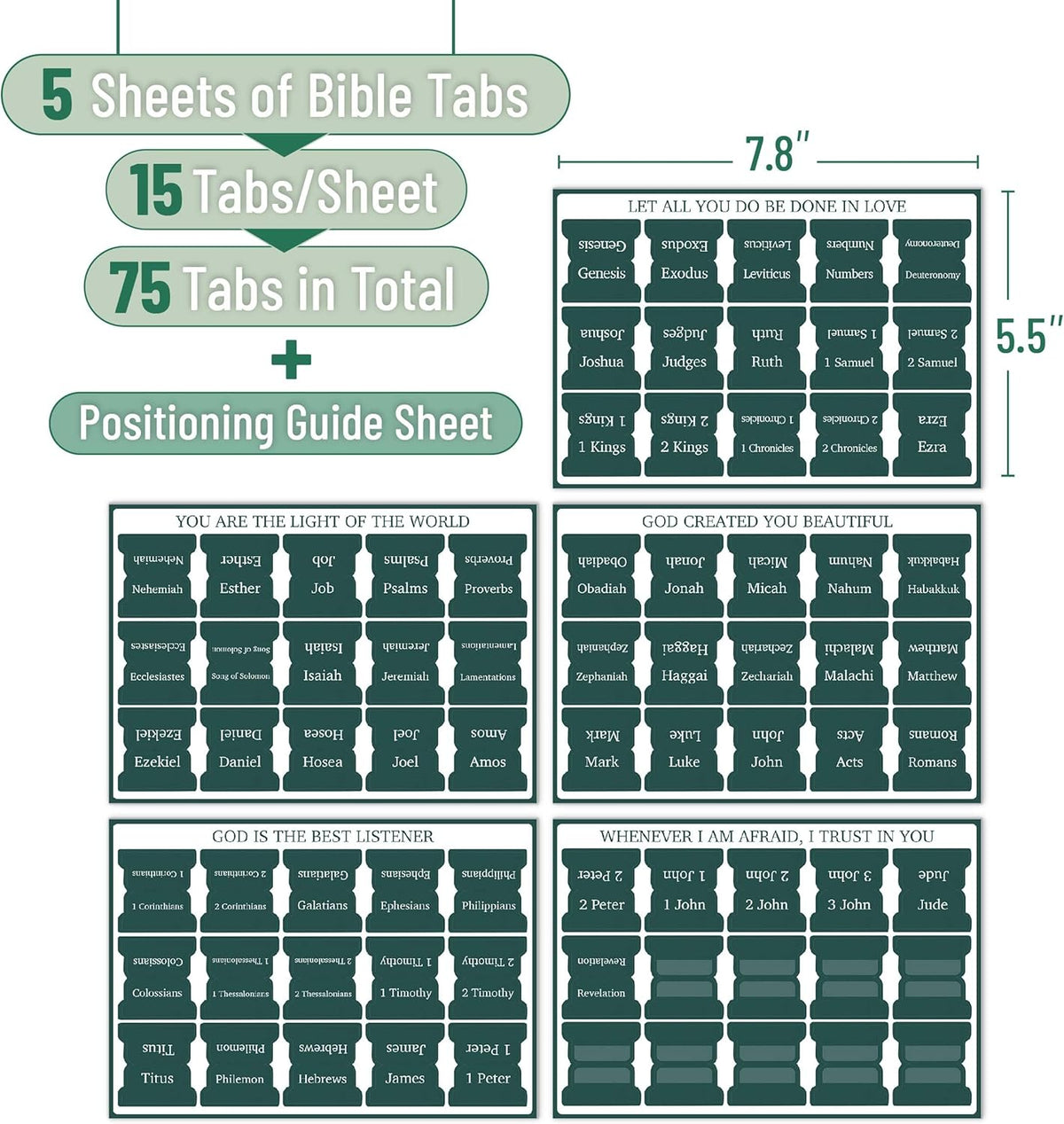 Mr. Pen- Laminated Bible Tabs, 75 pcs, Elegant Green, Easy-to-Read & Apply, Tear Resistant Index Tabs for Women and Men