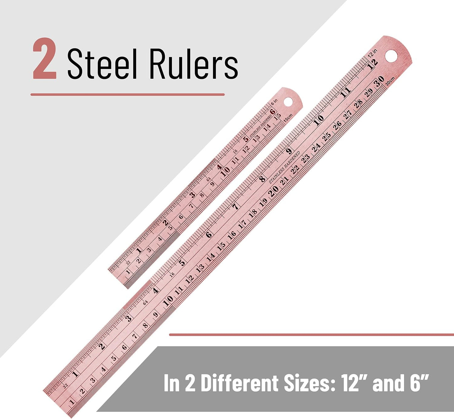 Steel Rulers, 2 Pack, 6" and 12", Rose Gold, 6 Inch Ruler Metal Rulers, Small Metal Ruler 6 Inch Metal Ruler Thin Flat, Stainless Steel Ruler 12 Inch, Centimeter Ruler, Steel Ruler 12 Inch