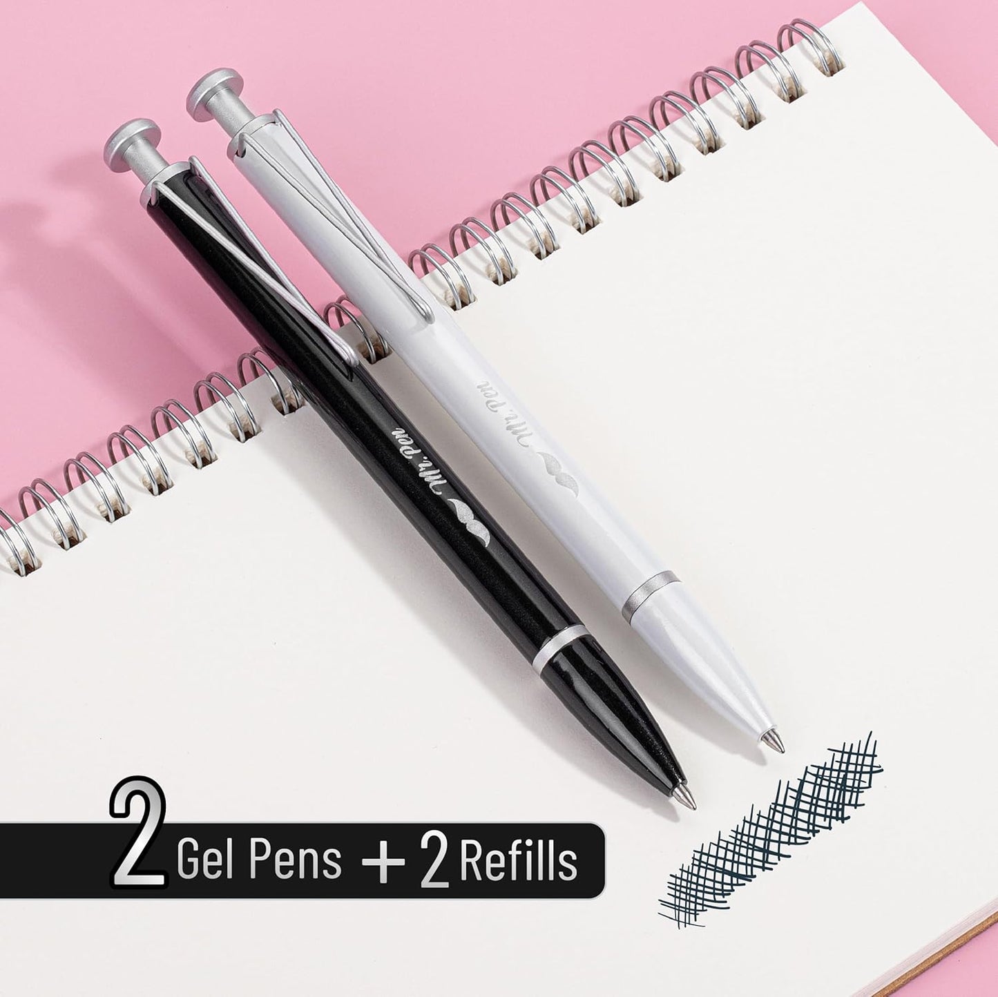 Mr. Pen- Metal Retractable Gel Pen, 2 Pack, 2 Refills, Black & White, Black Ink, Metal Barrel Gel Pens Fine Point 0.7mm, Retractable Pens