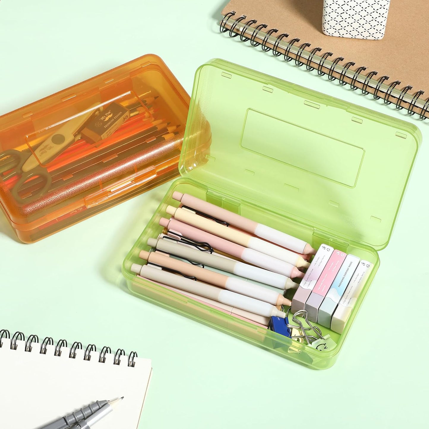 Mr. Pen- Pencil Box, 2 Pack, Green & Orange, Plastic Pencil Box Case, Pencil Case, Crayon Box