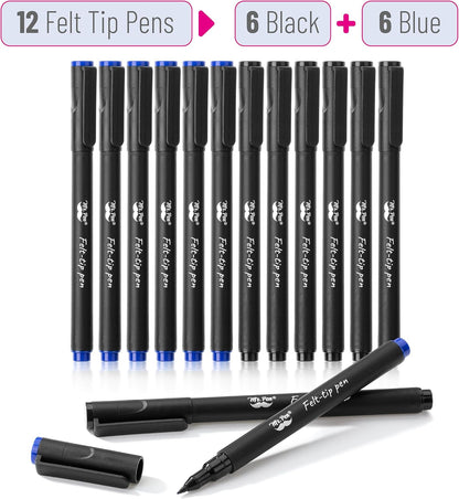 Mr. Pen- Felt Tip Pens, Pack of 12, Black & Blue, Fast Dry, Fine Point Pens Black Felt Tip Pens