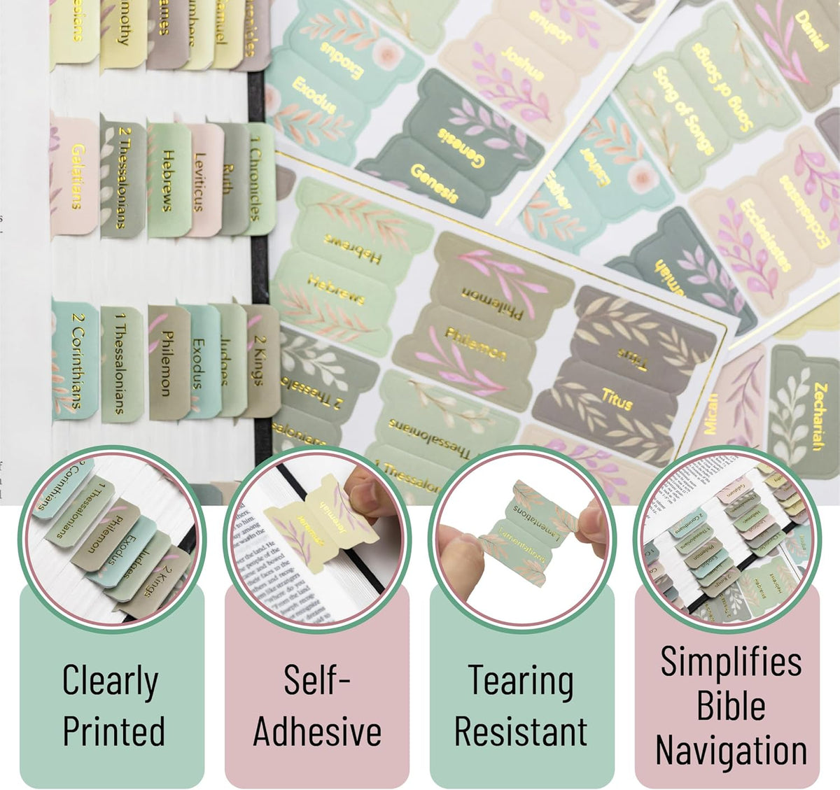 Mr. Pen- Bible Tabs, 75 pcs, Boho Floral, Gold Foil Lettering, Laminated Bible Tabs for Women and Men