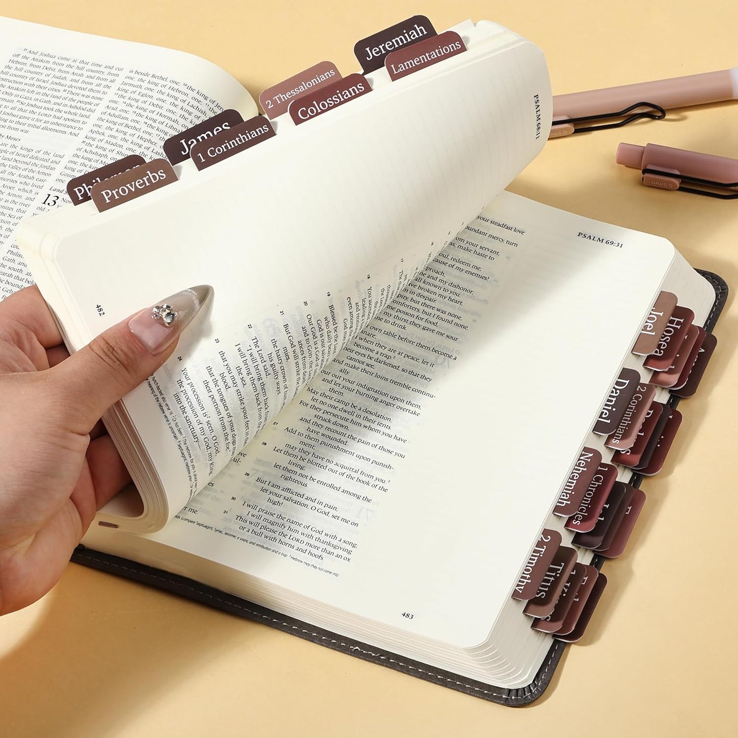 Mr. Pen- Bible Tabs, 75 Tabs, Hot Chocolate Glow, Laminated Bible Tabs for Women and Men, Bible Tabs for Study Bible