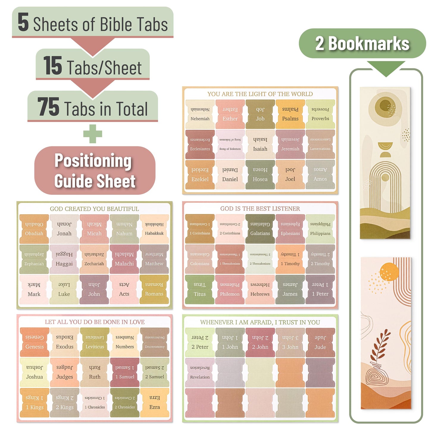 Bible Tabs with 2 Bookmark, 75 Tabs, Boho Theme, Laminated Bible Tabs for Women and Men, Bible Tabs for Study Bible, Bible Index Tabs, Bible Book Tabs, Bible Labels Tabs, Mr Pen Bible Tabs
