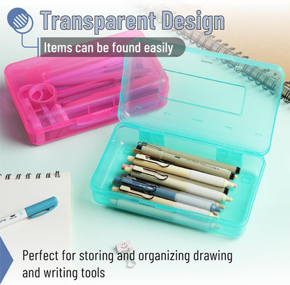 Mr. Pen- Clear Pencil Boxes, 7.9"x4.5"x2.4", 2 Pack, Pink and Turquoise, Snap-Tight Lid, Plastic Pencil Box Organizer
