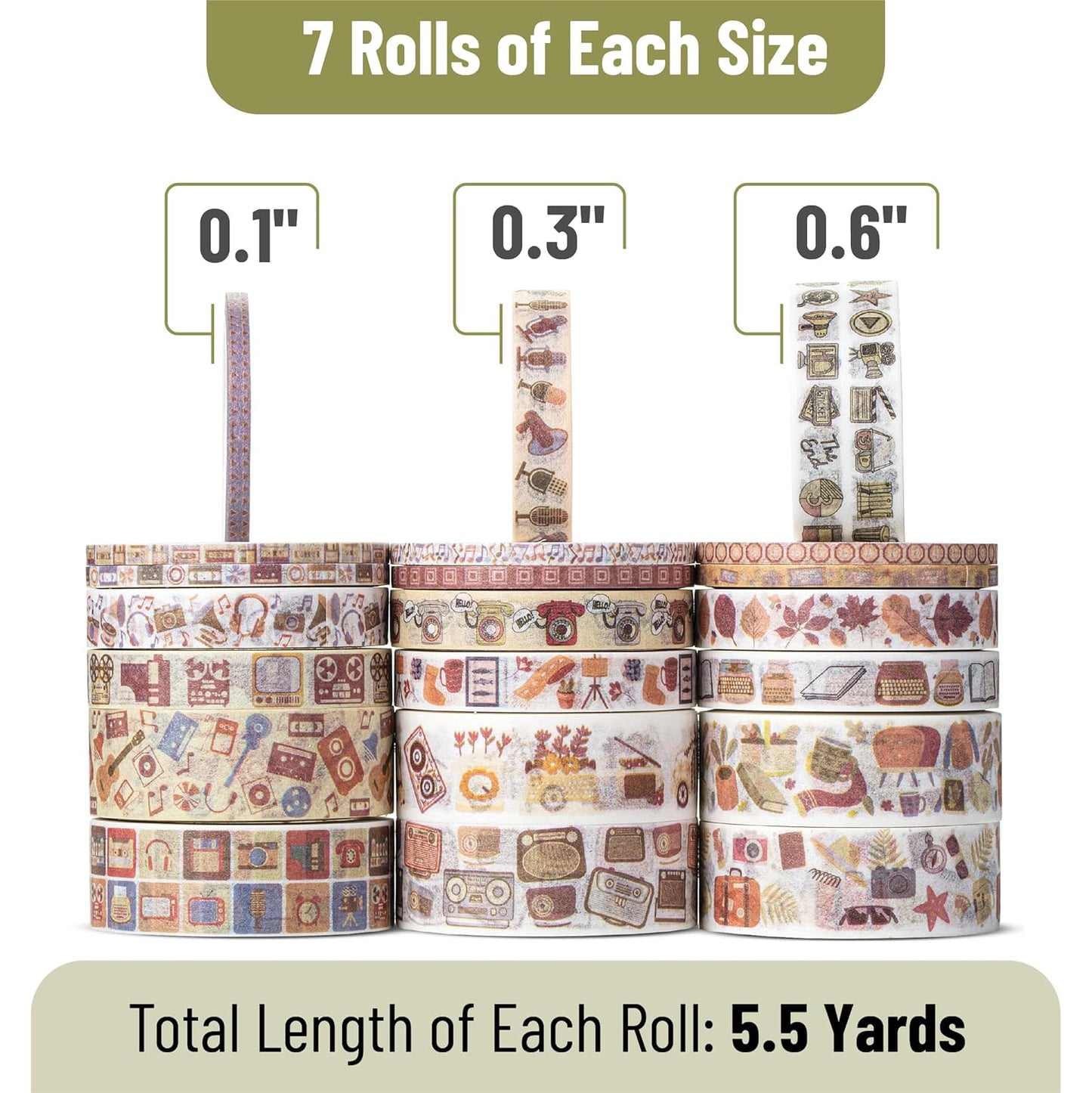 Nostalgic Washi Tape Set, 21 Rolls, Retro Icons, Assorted Widths