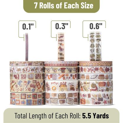 Nostalgic Washi Tape Set, 21 Rolls, Retro Icons, Assorted Widths