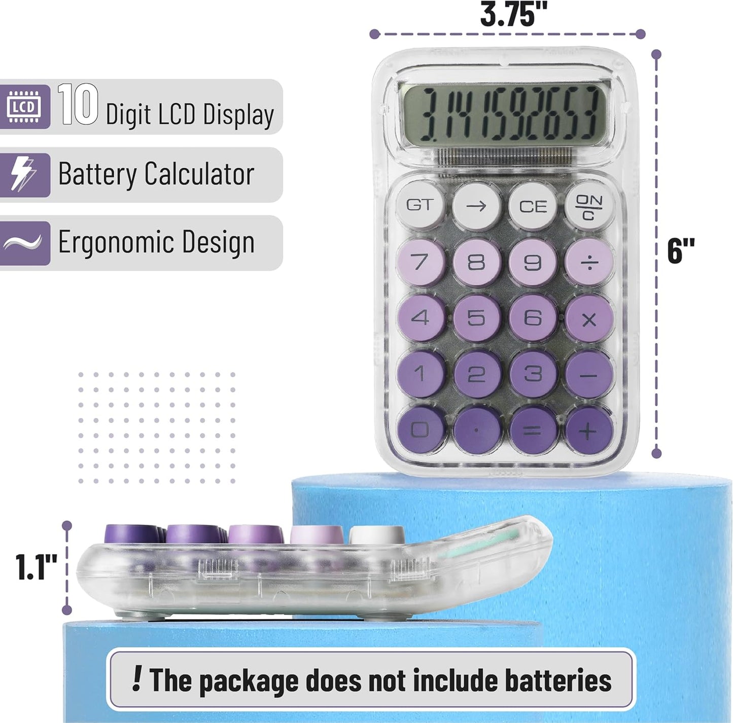 Mr. Pen- Mechanical Switch Calculator, 10 Digits, Purple Calculator, Transparent Body, Large LCD Display