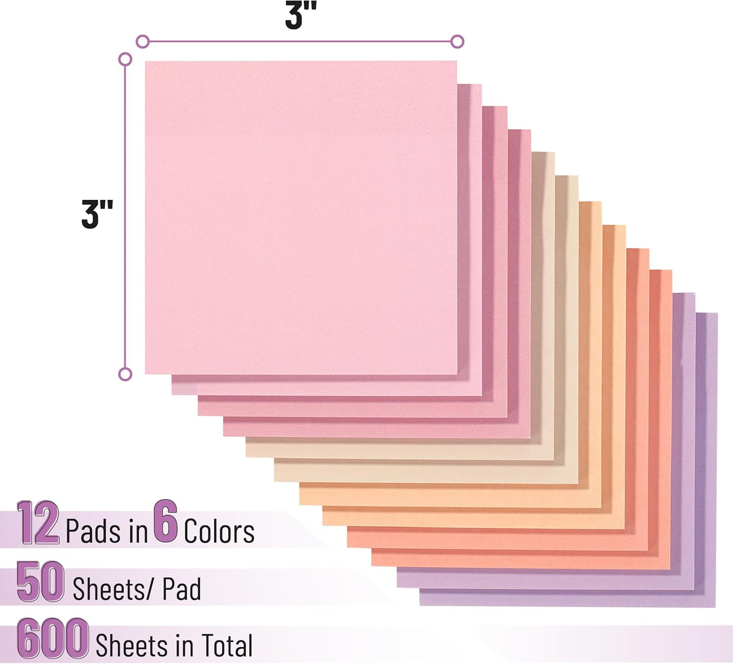 Colorful Sticky Notes 3x3 Inch, 12 Pads, 600 Sheets, Sunset Sorbet