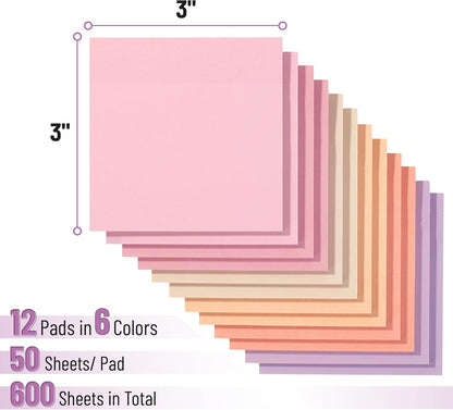 Colorful Sticky Notes 3x3 Inch, 12 Pads, 600 Sheets, Sunset Sorbet