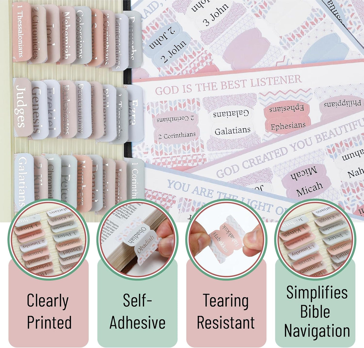 Mr. Pen- Mini Bible Tabs, 75 pcs, Modern Grace, Laminated Bible Tabs for Women and Men