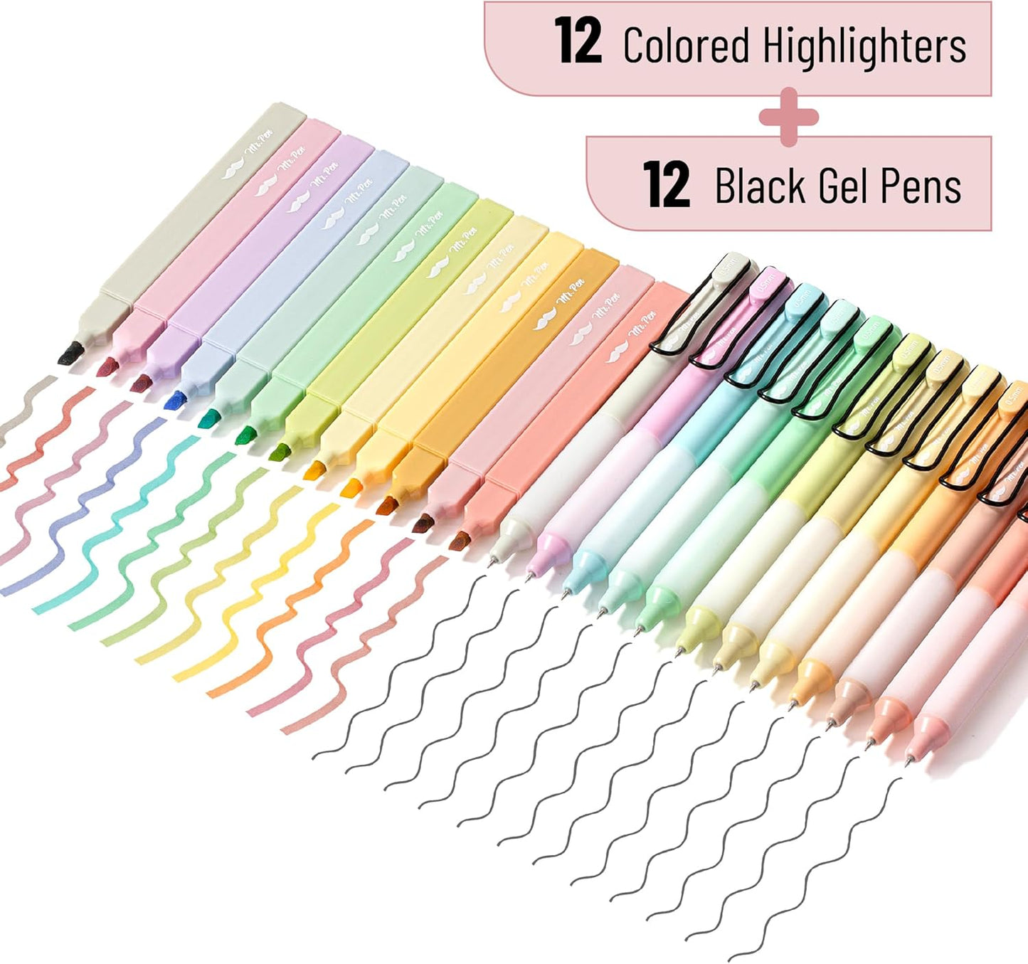 Aesthetic Highlighters and Gel Pens, 24 Pack, Assorted Color Bible Highlighters No Bleed, Black Ink Gel Pens, Highlighter Pens, No Bleed Highlighters for Bibles, Gel Pens