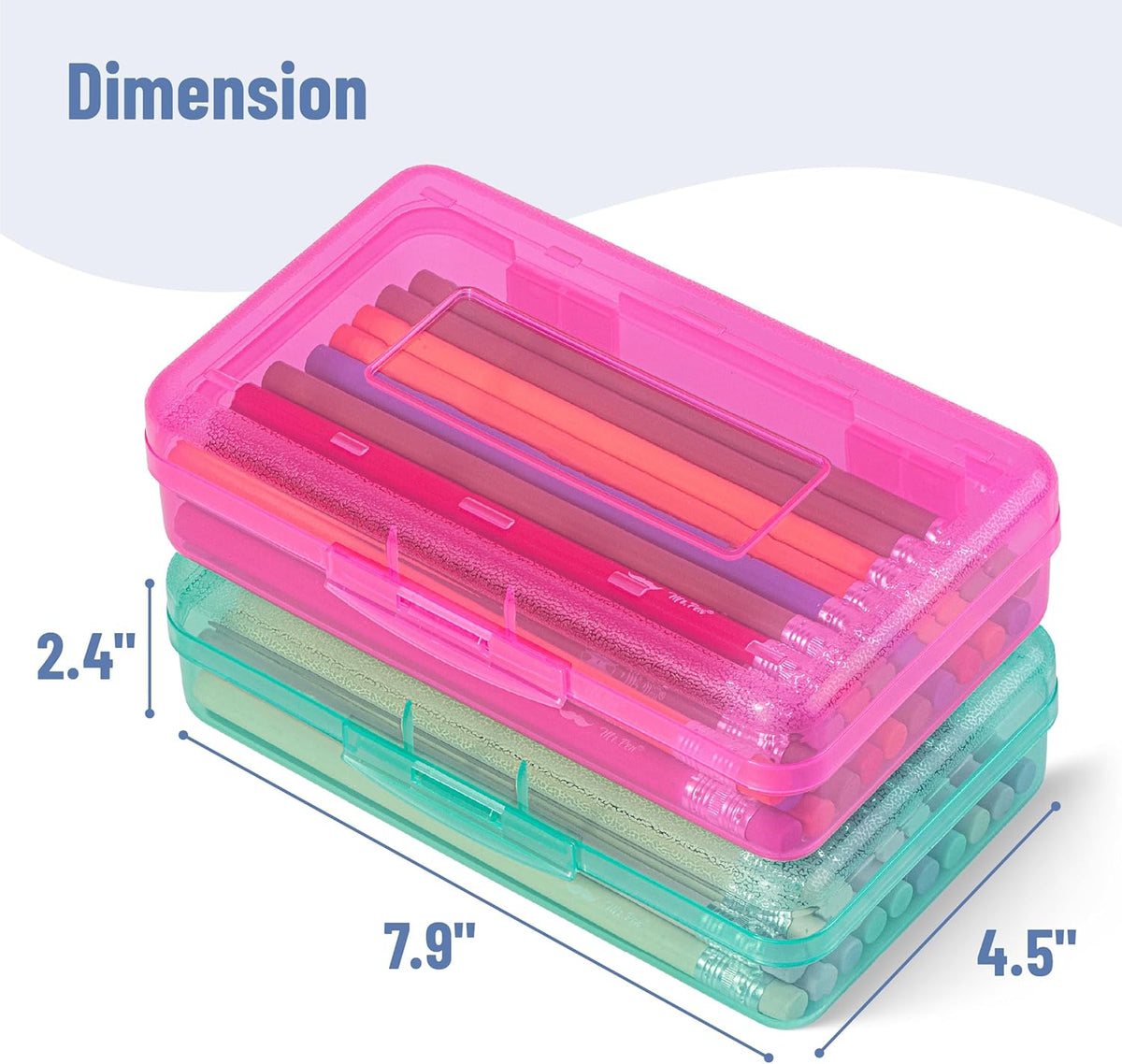Mr. Pen- Clear Pencil Boxes, 7.9"x4.5"x2.4", 2 Pack, Pink and Turquoise, Snap-Tight Lid, Plastic Pencil Box Organizer