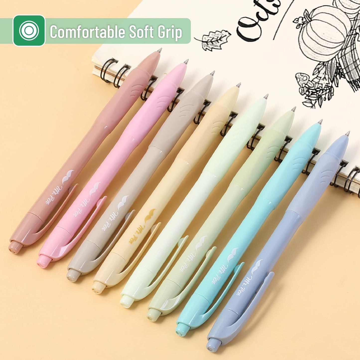 Mr. Pen- Retractable Gel Pens, 8 Pack, Black Ink, Soft Grip, Soft Pastel Barrel Gel Pens Fine Point 0.5mm, Retractable Pens