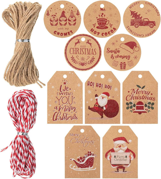 Mr. Pen- Christmas Gift Tags, 100 pcs, with Hemp Rope, 10 Designs, Kraft Paper Tags