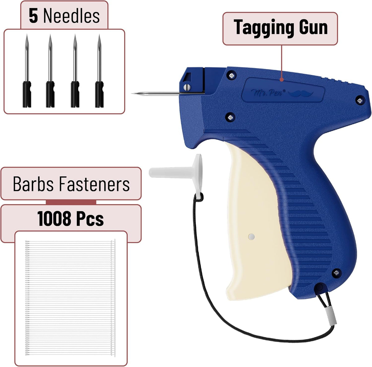 Mr. Pen- Tagging Gun, 5 Needles, 1008 pcs 2" Barbs Fasteners, Royal Blue & White, Tagging Gun for Clothing Tag Gun for Clothes Tag Gun