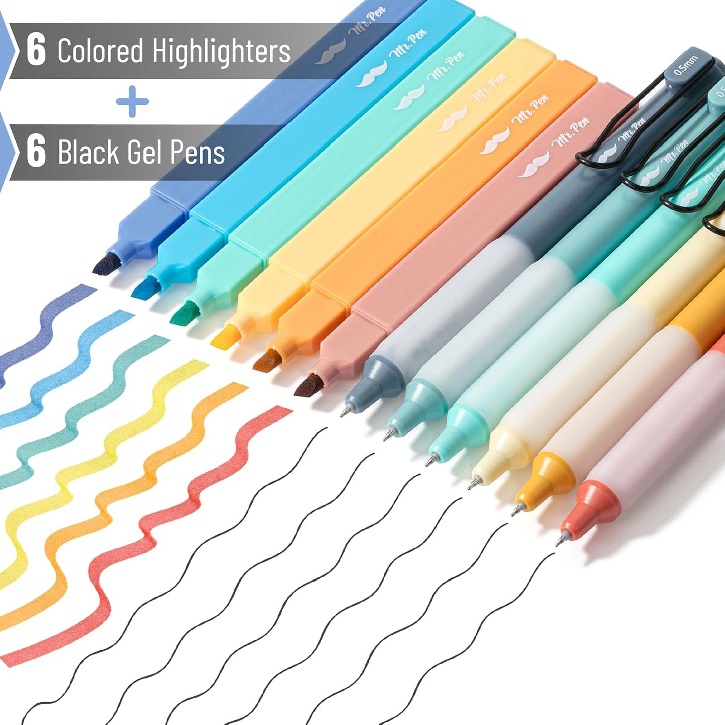 Aesthetic Highlighters and Gel Pens, 12 Pack, Assorted Colors, Bible Highlighters No Bleed, Black Ink Gel Pens, Highlighter Pens, No Bleed Highlighters for Bibles, Gel Pens