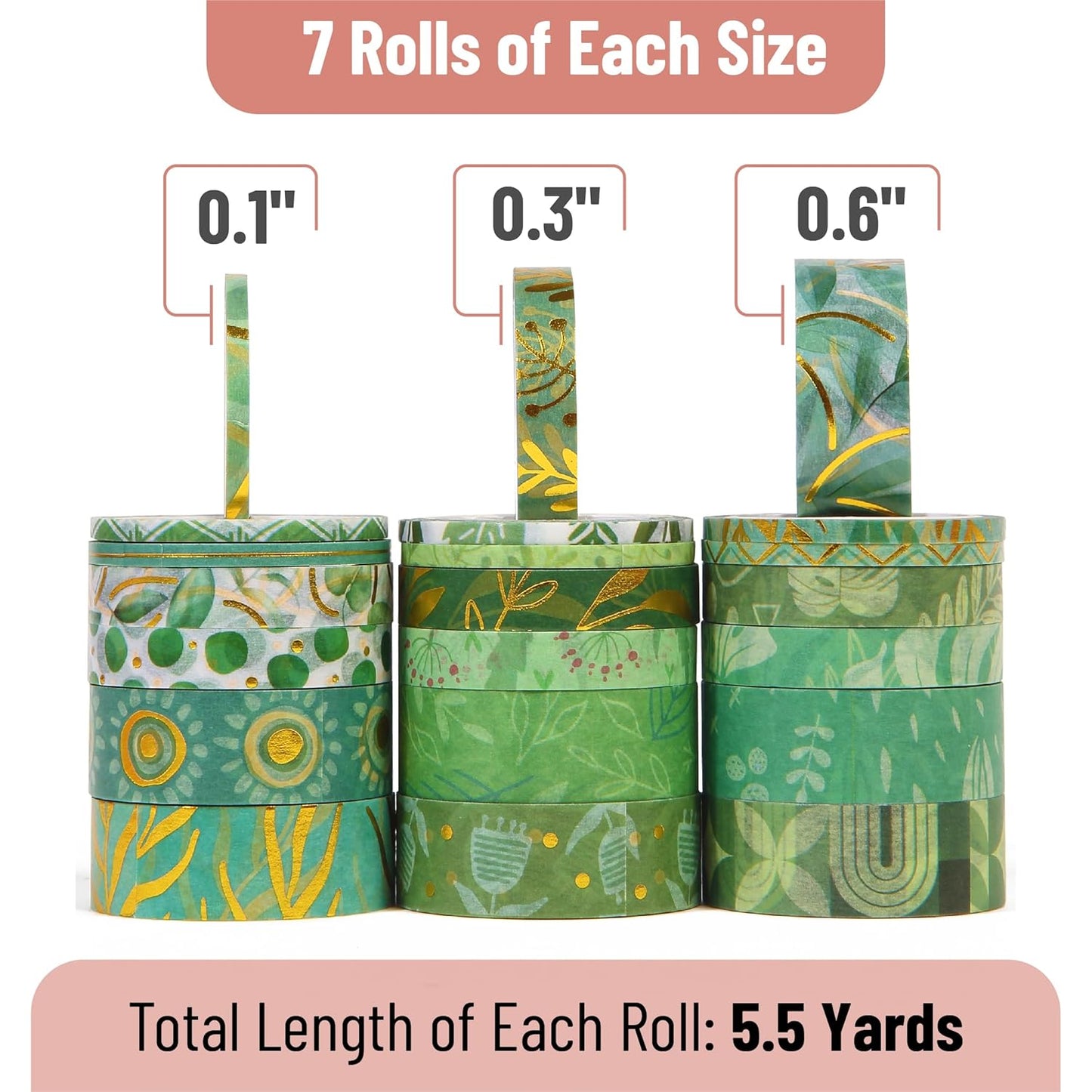 Mr. Pen- Washi Tape Set, 21 Rolls, Greenery Summer Design, Decorative Tapes with a Tape Measure